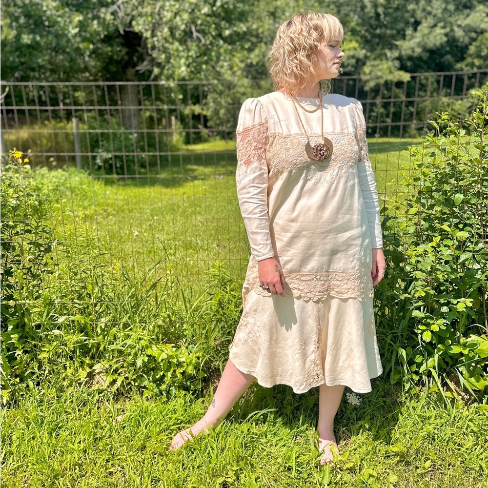 1980s Linen Macrame Dress